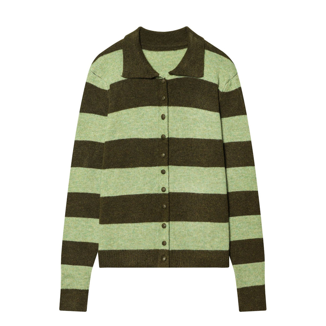 Damen gestreifte Strickjacke mit Hemdkragen, Knopfleiste und kastiger Passform – Veloura