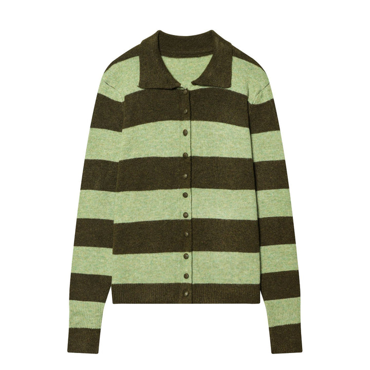 Damen gestreifte Strickjacke mit Hemdkragen, Knopfleiste und kastiger Passform – Veloura