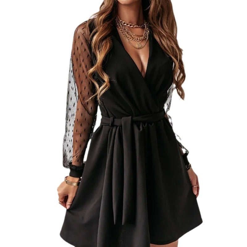 Damen Wickelkleid mit transparenten Puffärmeln und tailliertem Schnitt – Élara