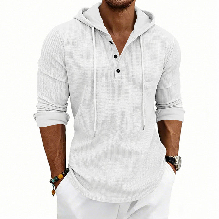 Herren Waffelstrick-Henley-Hoodie mit Knopfleiste und Kapuze – Cavarno