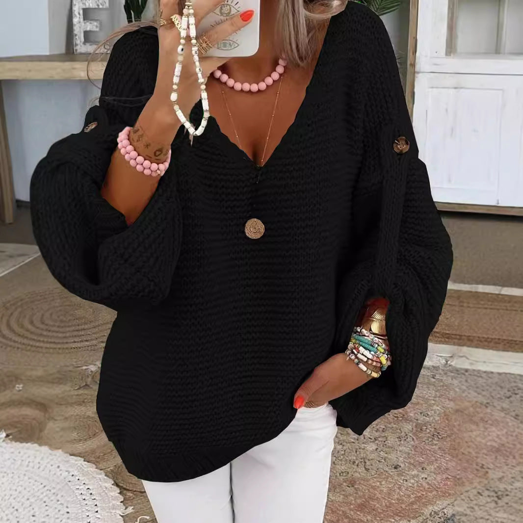 Damen weiter Strickpullover mit V-Ausschnitt, Ballonärmeln und Knopfdetail Echo Archiv