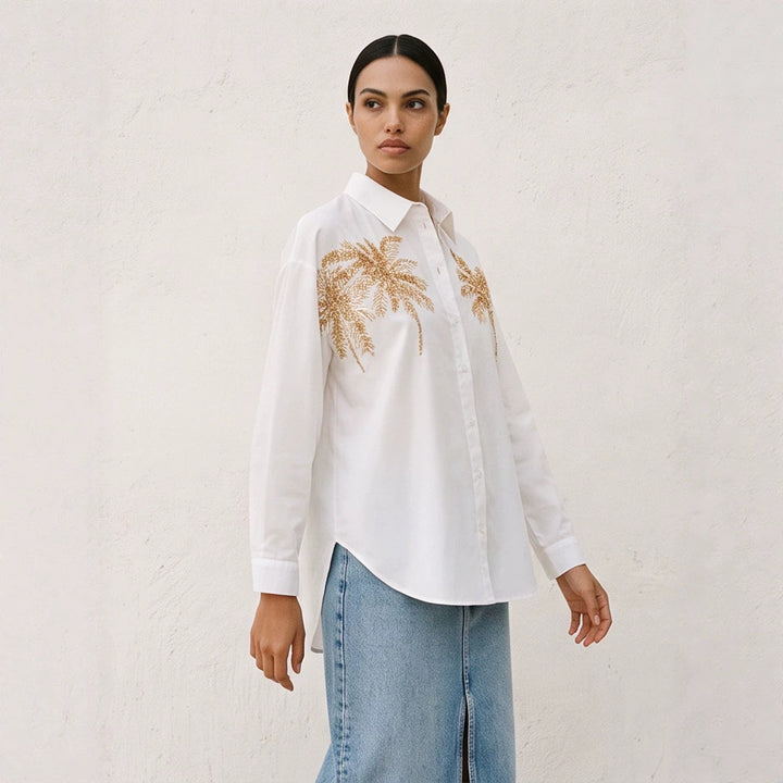 Damen Hemdbluse mit Pailletten-Palmenapplikation, Oversize-Schnitt & klassischem Kragen Echoarchiv