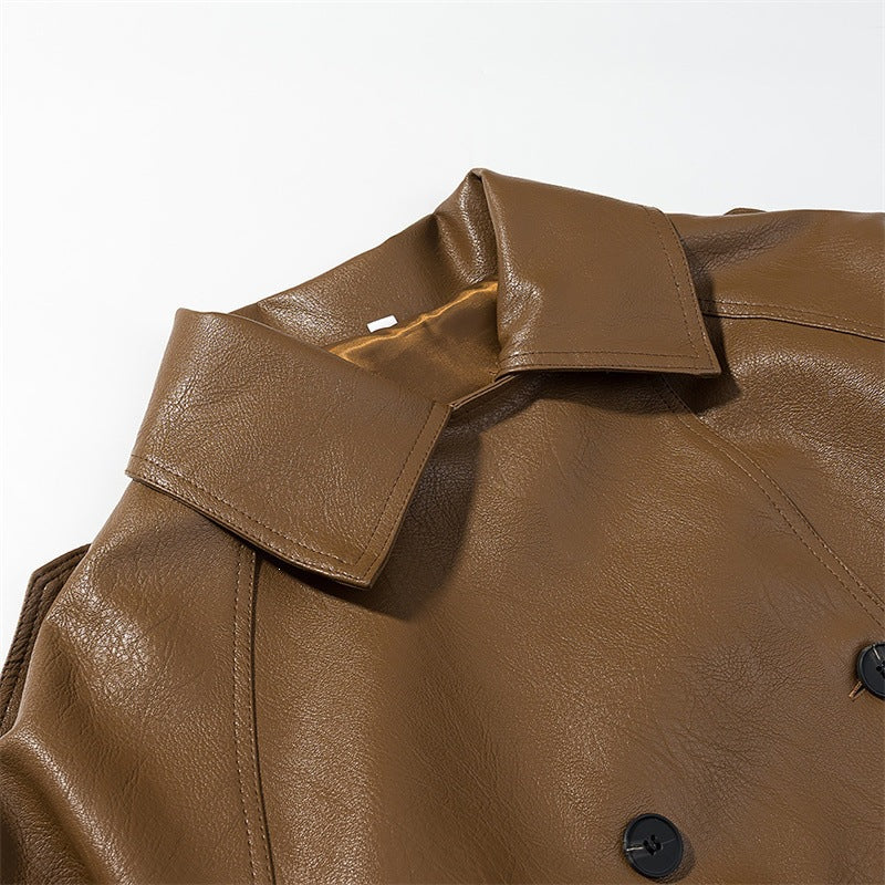 Damen Cropped Kunstleder-Trenchjacke mit Taillengürtel, Doppelreiher und Schulterklappen Echo Archiv