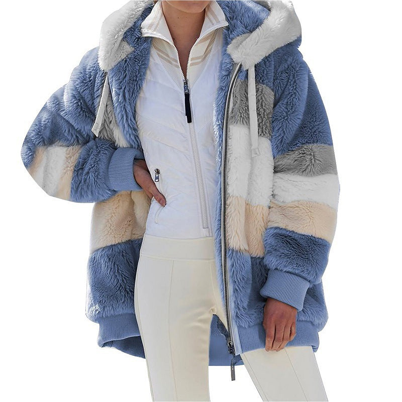 Damen nan kuschelige Oversize Kunstpelzjacke mit Kapuze, Blockstreifen und Rippbündchen Echo Archiv