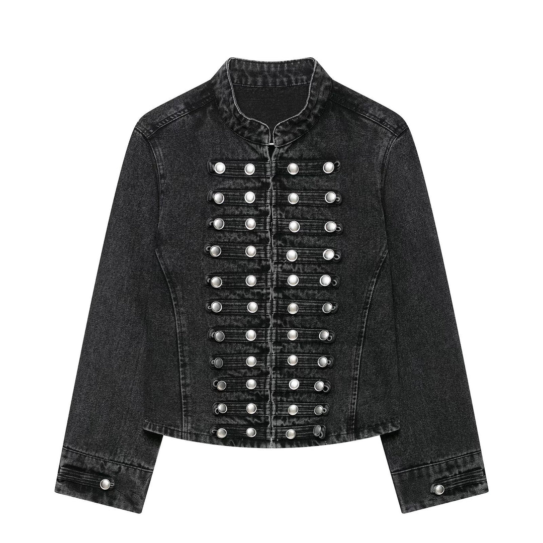 Damen Taillierte Denim‑Blazerjacke im militärisch inspirierten Marschallstil mit Zierknopfleiste Echo Archiv