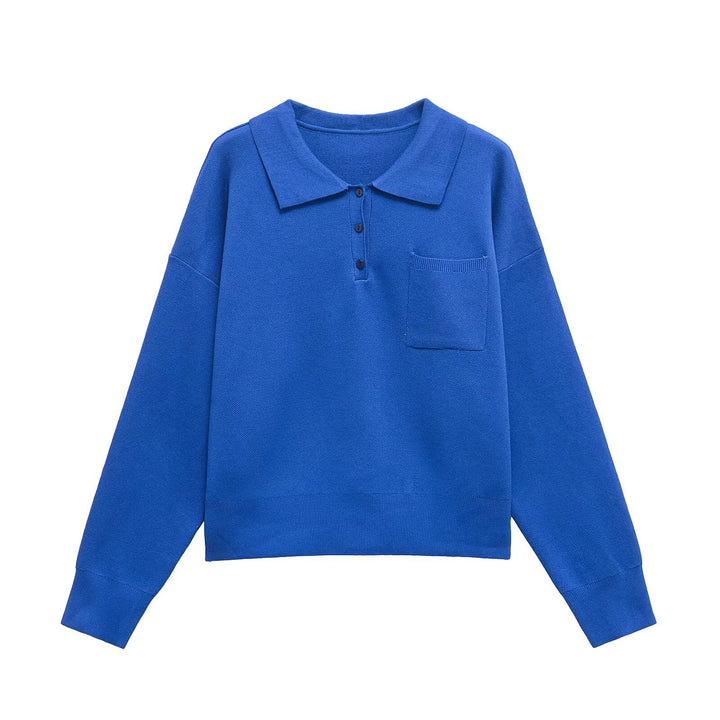 Damen Strick-Polo-Pullover mit Knopfleiste, Brusttasche und überschnittener Schulter Echo Archiv