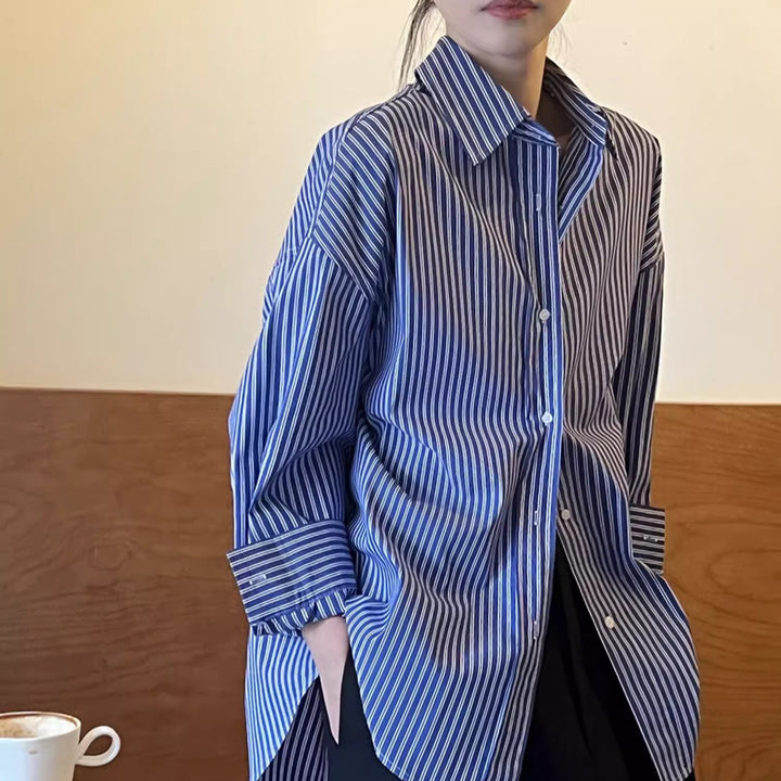 Damen Oversized Langarm Hemdbluse mit vertikalen Streifen und weiter Passform Echoarchiv