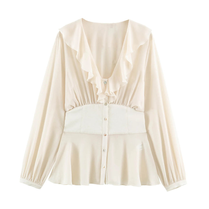 Damen Filigrane V‑Neck‑Bluse mit Volantkragen, taillierter Bundpasse und Ballonärmeln Echo Archiv