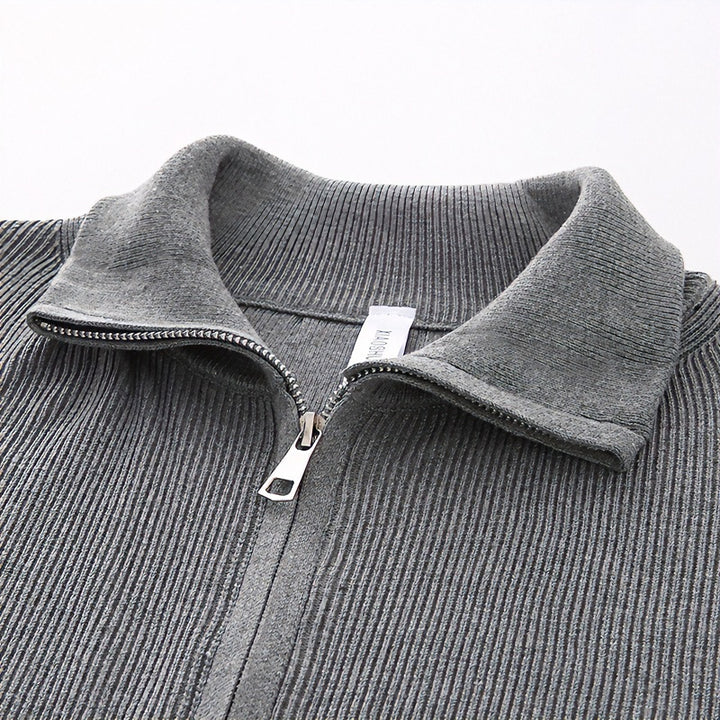 Unisex Lockerer Strick-Blouson mit Ballonärmeln, Waffelrippenstruktur und Zweiwege-Reißverschluss Echoarchiv