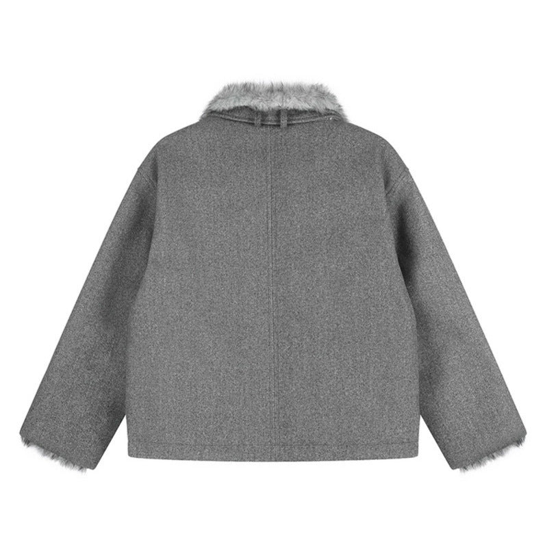 Damen Kurz geschnittene Wolljacke mit Kunstfellbesatz und asymmetrischer Knopfleiste Echoarchiv