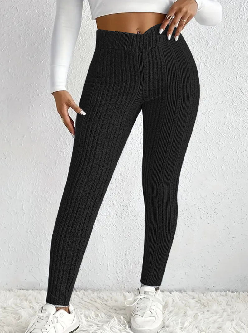 Damen Hochtaillierte Gerippte Feinstrick-Leggings mit Formbund und Stretchkompression Echoarchiv