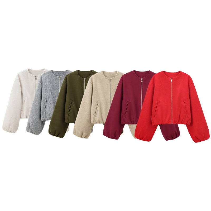 Damen Kurz geschnittene Blouson-Jacke mit Rundhals, Reißverschluss und Ballonärmeln Echo Archiv