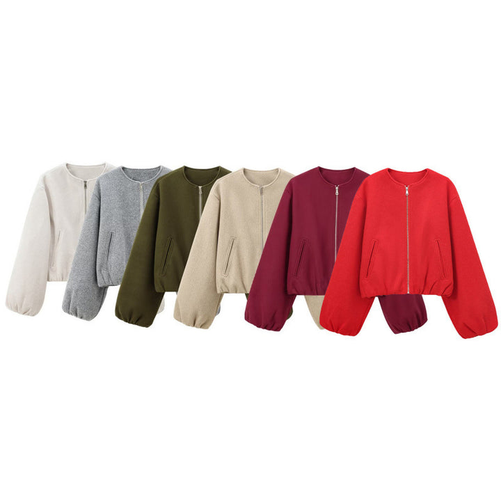 Damen Kurz geschnittene Blouson-Jacke mit Rundhals, Reißverschluss und Ballonärmeln Echo Archiv