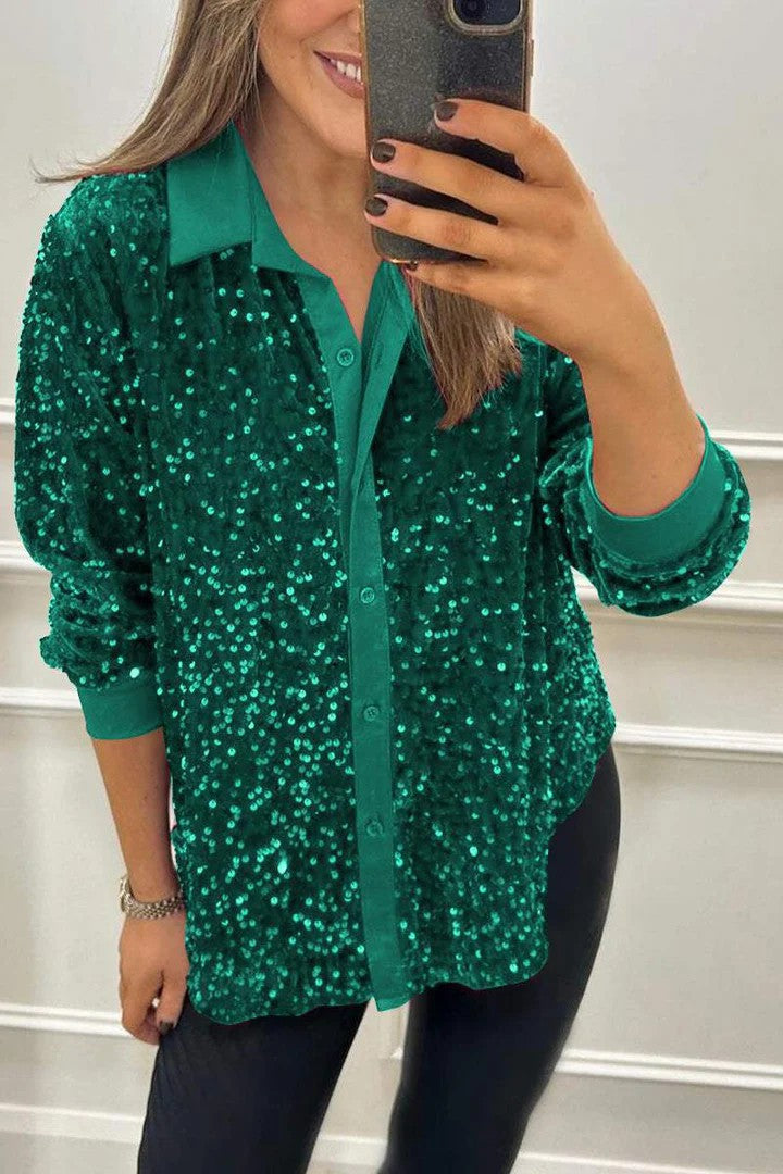Damen Glitzernde Bluse aus Pailletten mit klassischem Kragen Echoarchiv