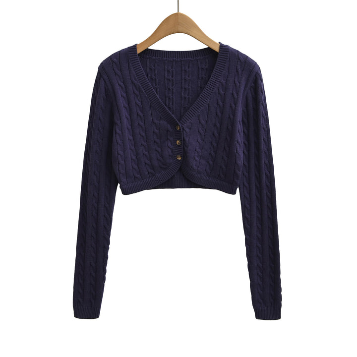 Damen Kurzgeschnittener Zopfstrick-Cardigan mit V‑Ausschnitt und Knopfleiste Echoarchiv