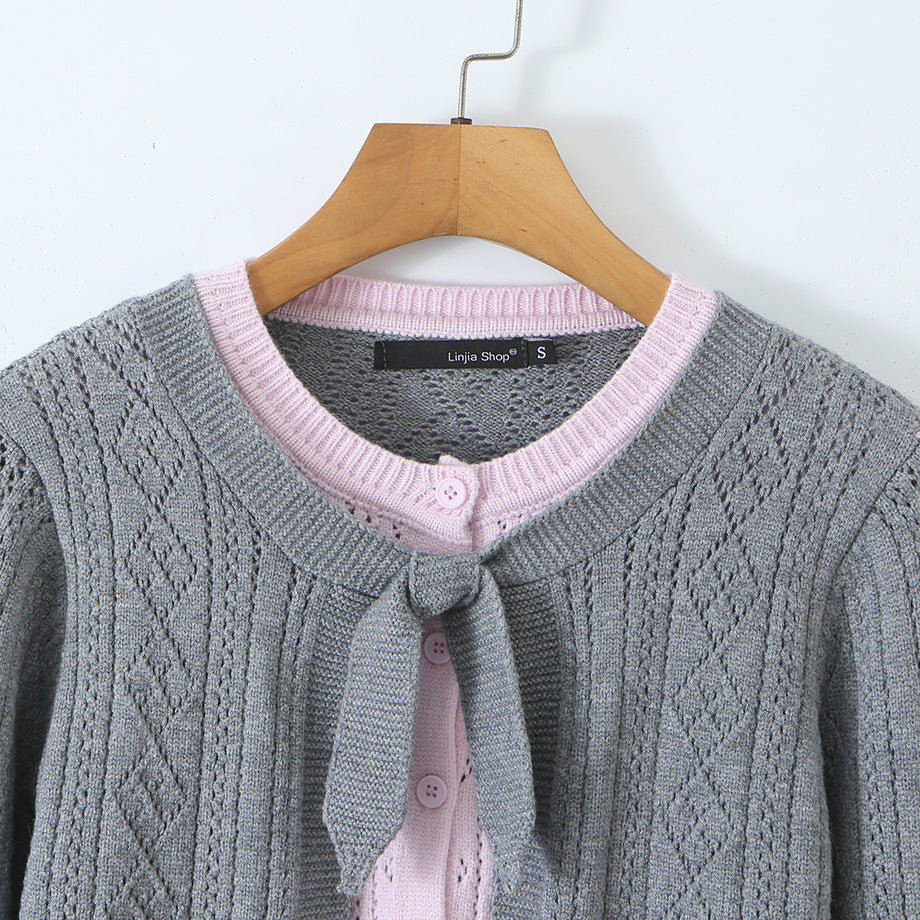 Damen Feinstrick-Zweiteiler Cardigan mit Schleifenkragen und Zierweste Echoarchiv