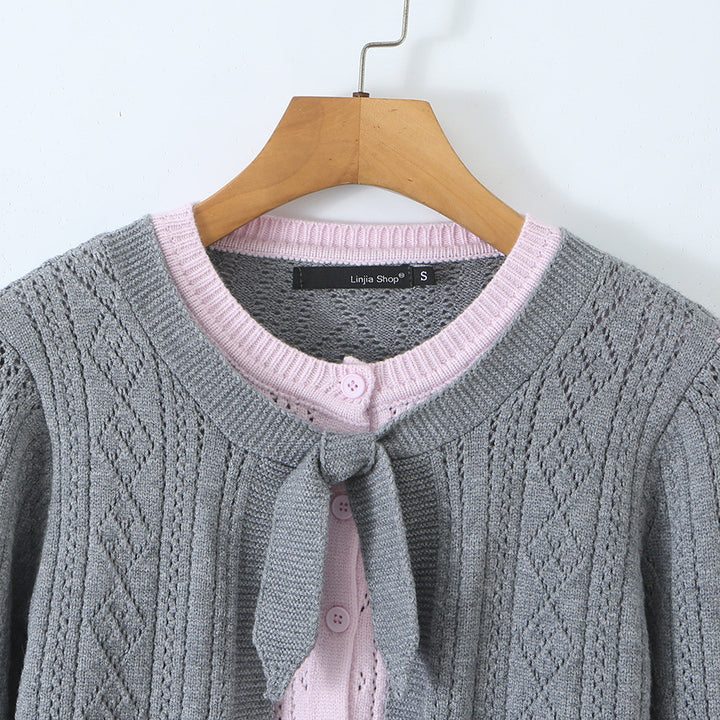 Damen Feinstrick-Zweiteiler Cardigan mit Schleifenkragen und Zierweste Echoarchiv