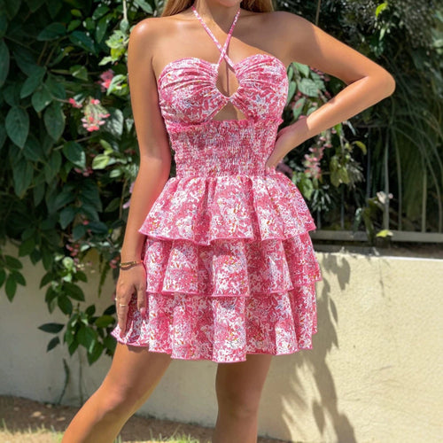 Damen Rüschenkleid mit schulterfreiem Design und floralem Muster Echo Archiv