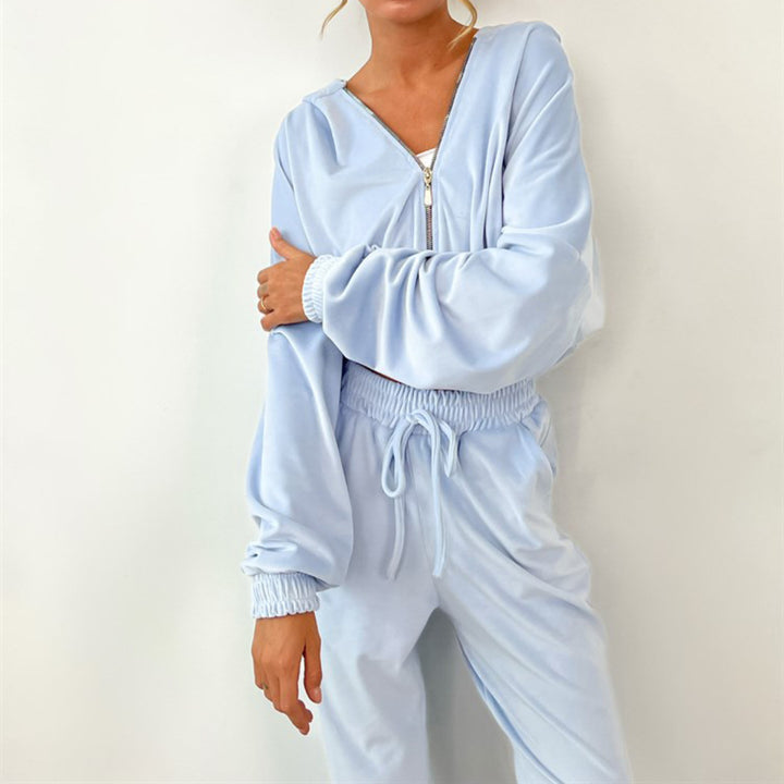 Damen luxuriöses Samt-Jogginganzug-Set mit Kapuze, Reißverschluss und tailliertem Kordelzug – Avérine