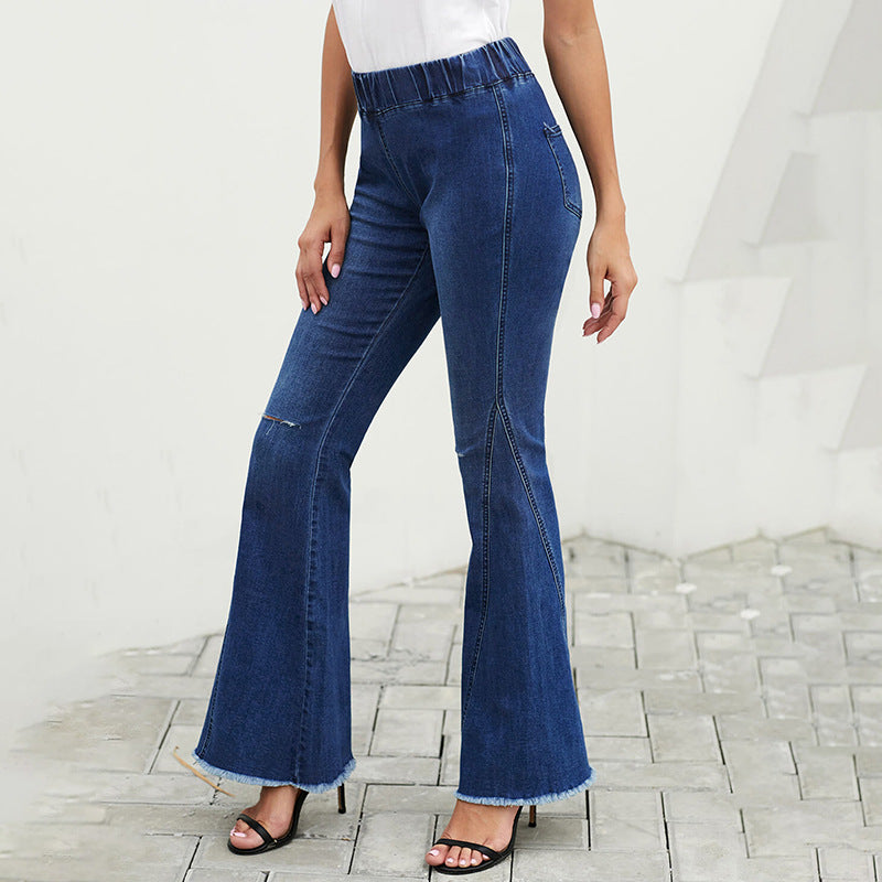 Damen hochtaillierte ausgestellte Denim-Hose mit elastischem Tunnelzugbund, Ziernähten und rohem Saum Echo Archiv