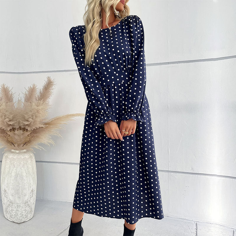 Damen Gepunktetes Midikleid mit geraffter Taille und Ballonärmeln Echoarchiv