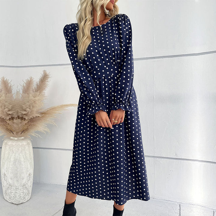 Damen Gepunktetes Midikleid mit geraffter Taille und Ballonärmeln Echoarchiv