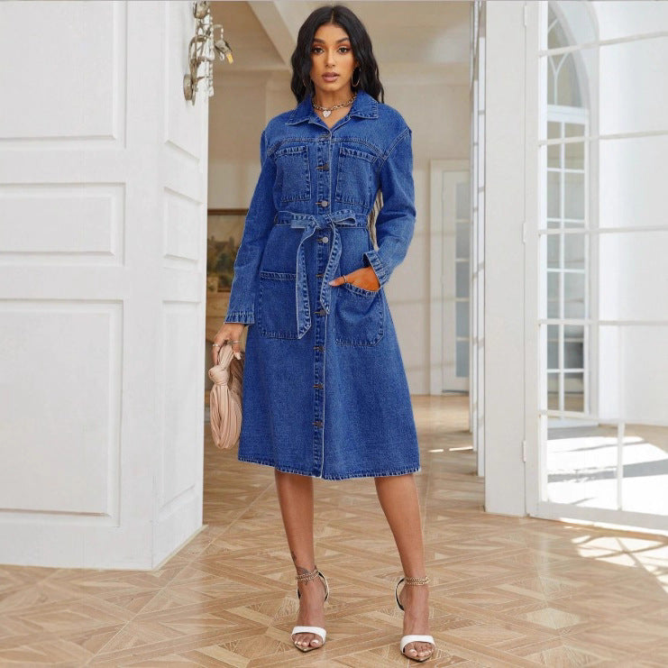 Damen Midikleid aus Denim mit Taillengürtel und durchgehender Knopfleiste Echo Archiv