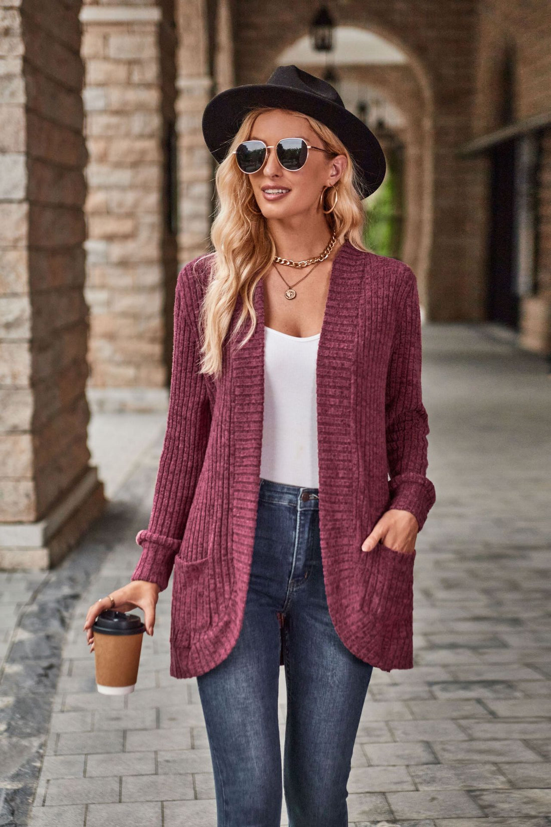 Damen langer gerippter Cardigan mit aufgesetzten Taschen und offener Front – Veloura