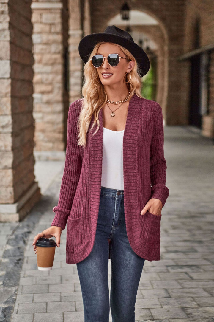 Damen nan langer gerippter Cardigan mit aufgesetzten Taschen und offener Front Echo Archiv