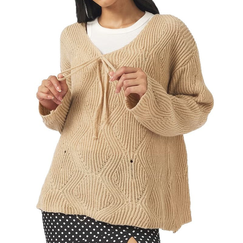 Damen Oversize Strickpullover mit V-Ausschnitt, Kordelzug und Rautenstruktur – Mavelle