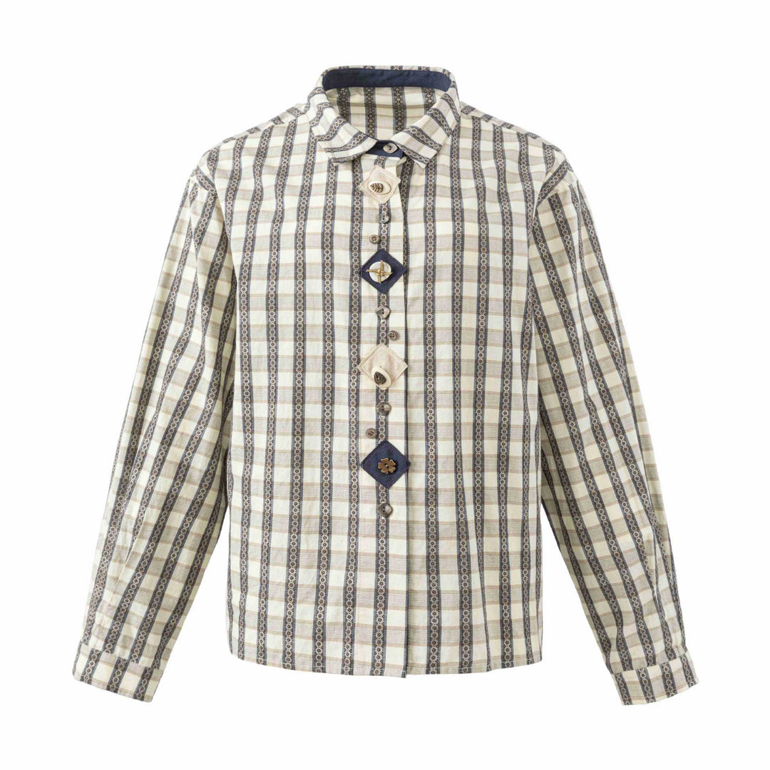 Damen Locker geschnittene Bluse im Vintage‑Karo mit dekorativer Zierknopfleiste Echoarchiv