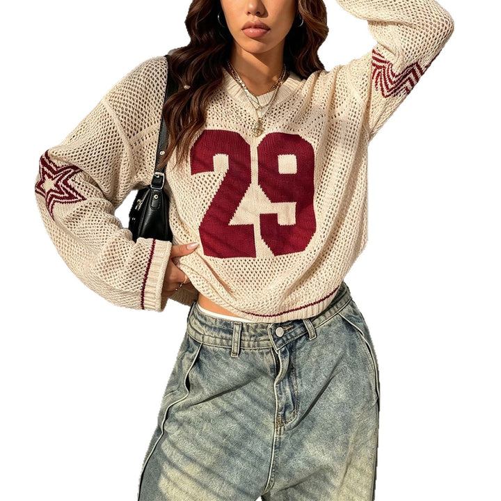 Damen Oversize Netz-Strick Cropped Pullover mit V-Ausschnitt Echoarchiv