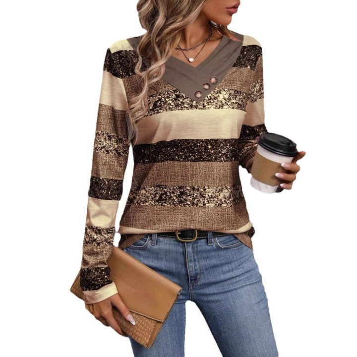 Damen modischer V-Ausschnitt Pullover mit Glitzerstreifen und Knopfdetails Echo Archiv