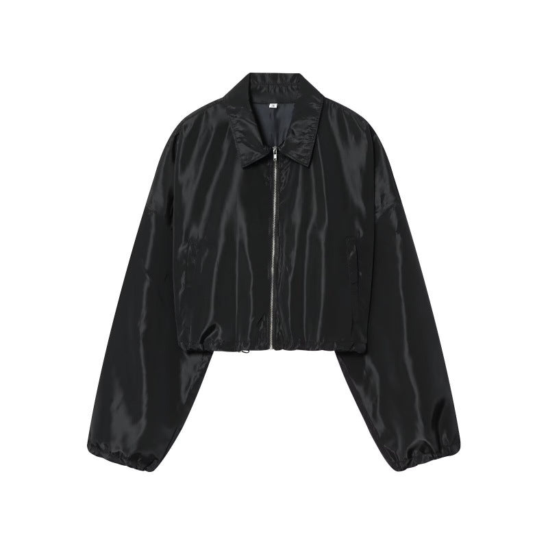 Damen Cropped Bomberjacke aus Satinoptik mit Reißverschluss und elastischem Saum Echo Archiv