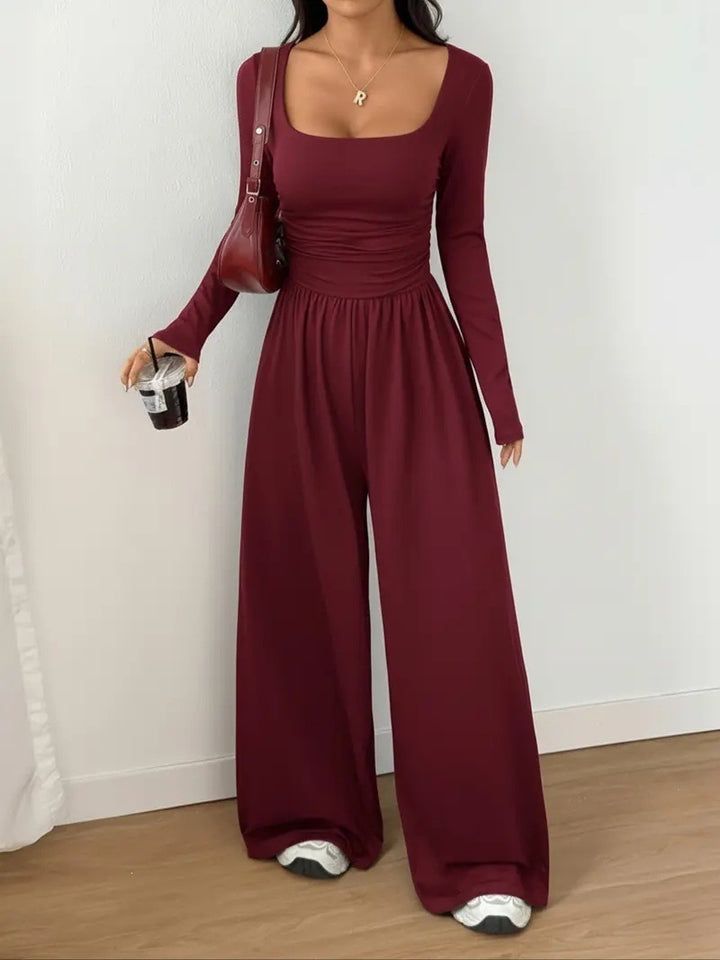 Damen Jumpsuit mit weitem Bein, eckigem Ausschnitt und geraffter Taillenpartie Echoarchiv