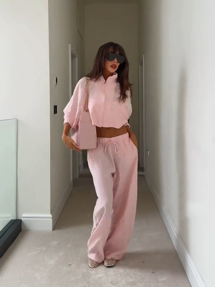 Damen Lässiges Satin-Trackset mit kurzem Reißverschluss-Top & weitem Tunnelzug-Hose Echoarchiv