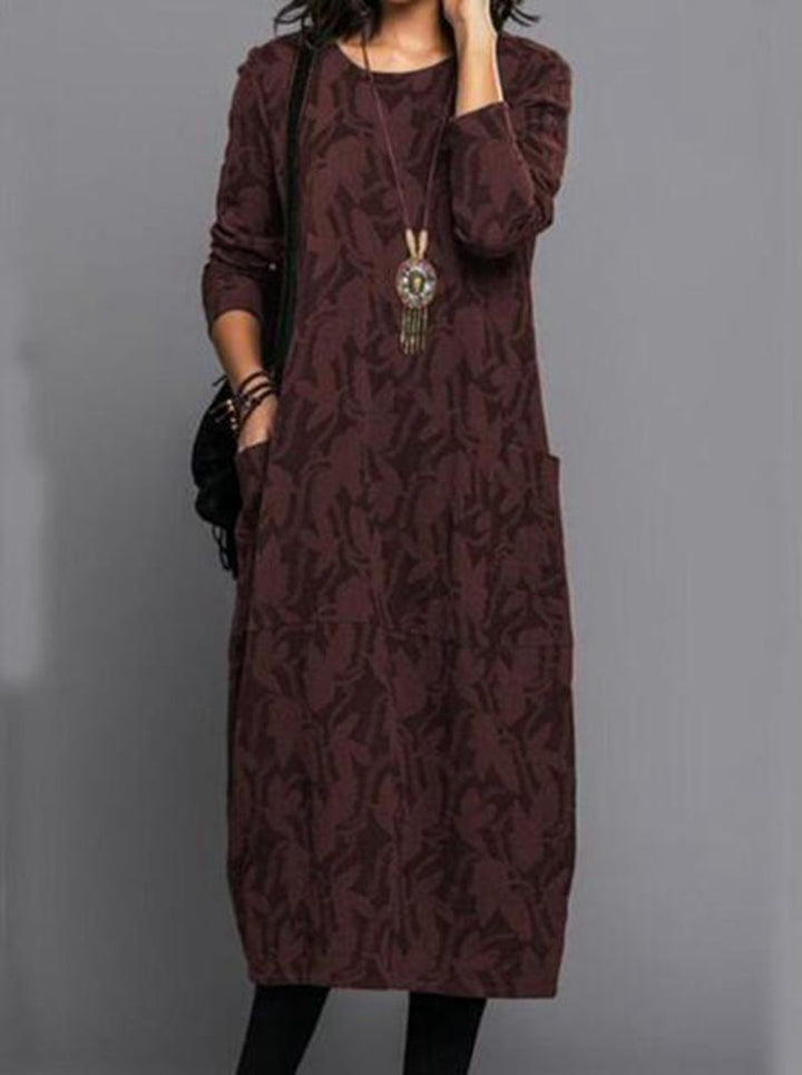 Damen nan locker geschnittenes Midikleid aus Feinstrick mit Ton-in-Ton-Jacquard, Rundhalsausschnitt und seitlichen Eingrifftaschen Echo Archiv