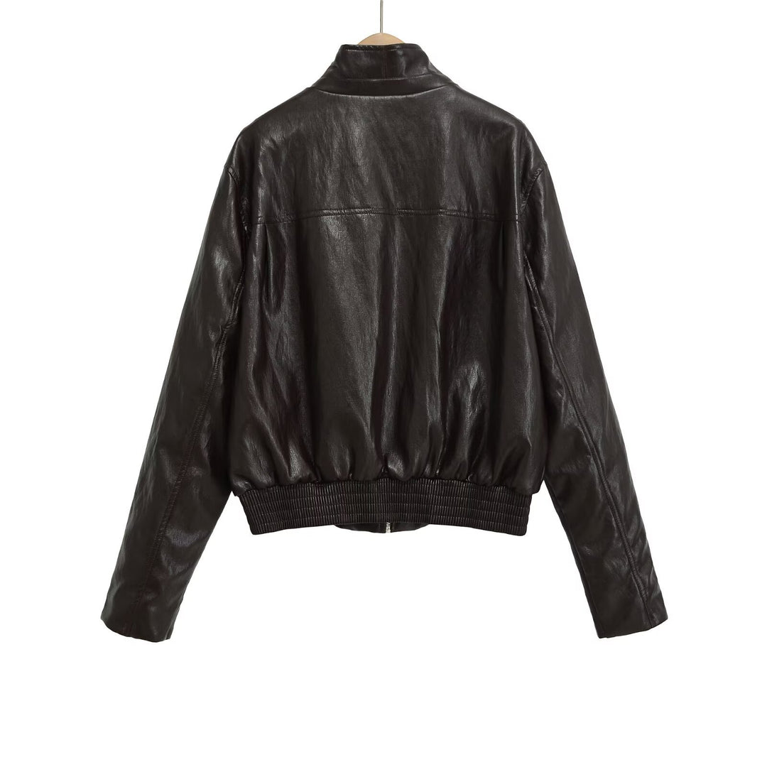 Damen Oversized-Lederblouson im Bomberstil mit Stehkragen und geripptem Saum Echo Archiv