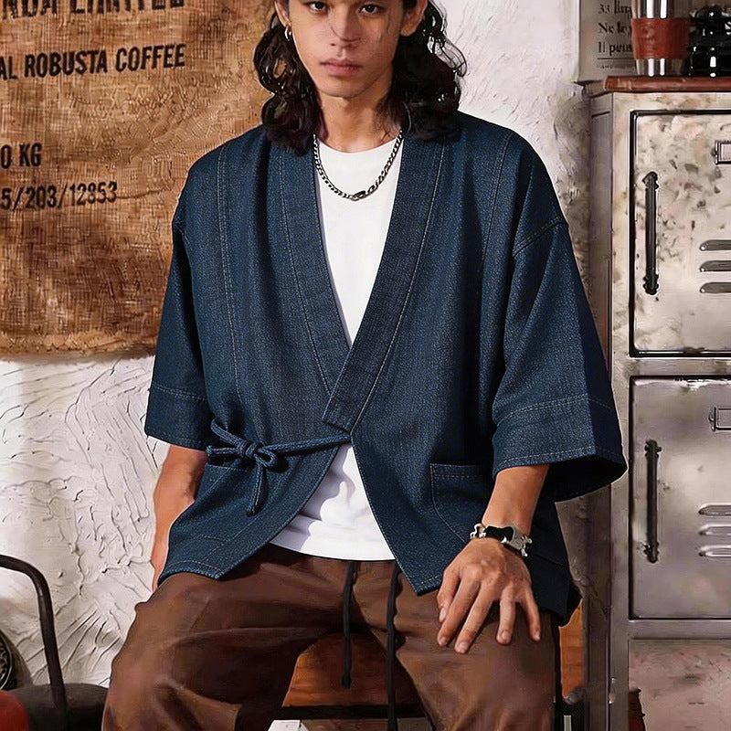 Unisex Jeans-Kimono-Jacke mit Bindegürtel und aufgesetzten Taschen Echoarchiv