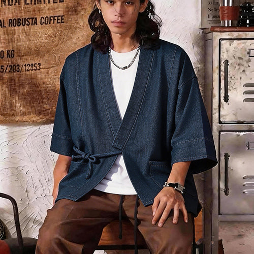 Unisex Jeans-Kimono-Jacke mit Bindegürtel und aufgesetzten Taschen Echoarchiv