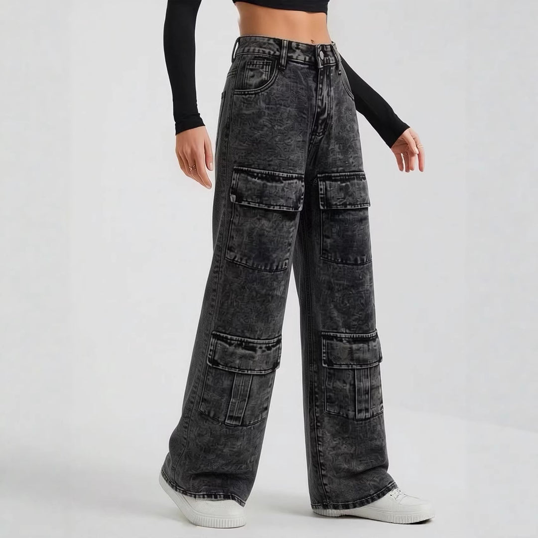 Damen nan High‑Waist Utility-Denimhose mit aufgesetzten Knie-Patches, Cargo‑Taschen und weitem Schlag Echo Archiv