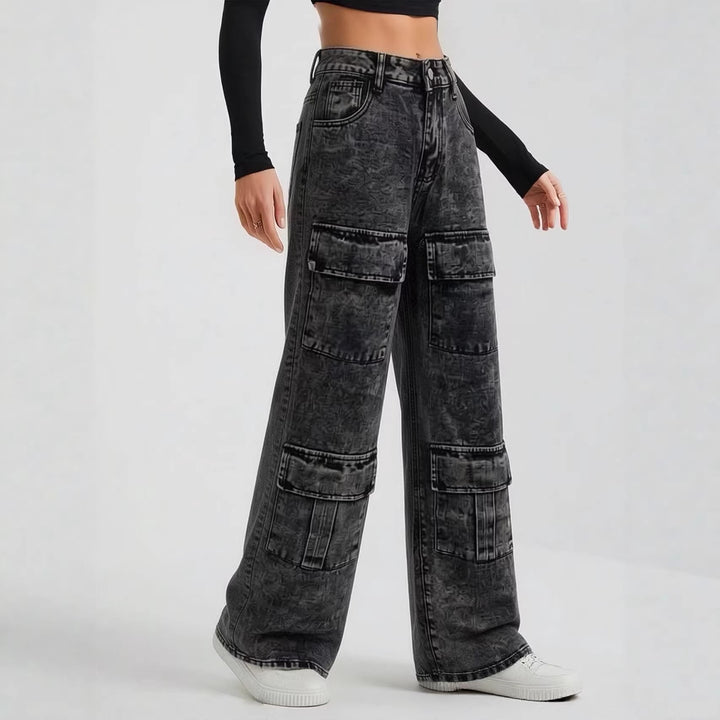 Damen nan High‑Waist Utility-Denimhose mit aufgesetzten Knie-Patches, Cargo‑Taschen und weitem Schlag Echo Archiv