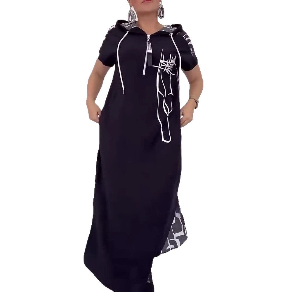 Damen nan urbanes Kapuzen‑Kaftankleid in lockerem Fall mit kurzärmeligem Schnitt und abstraktem Grafikmuster Echo Archiv