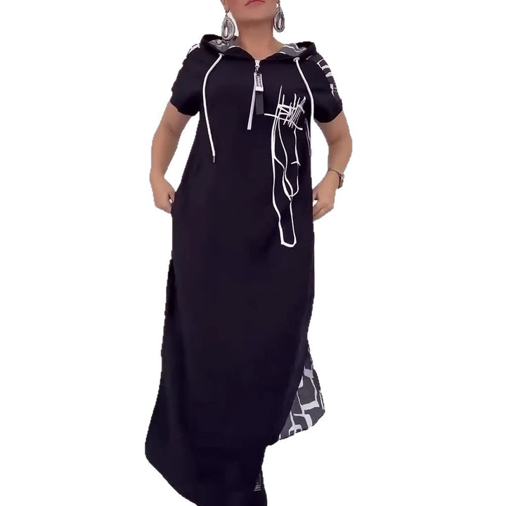 Damen nan urbanes Kapuzen‑Kaftankleid in lockerem Fall mit kurzärmeligem Schnitt und abstraktem Grafikmuster Echo Archiv