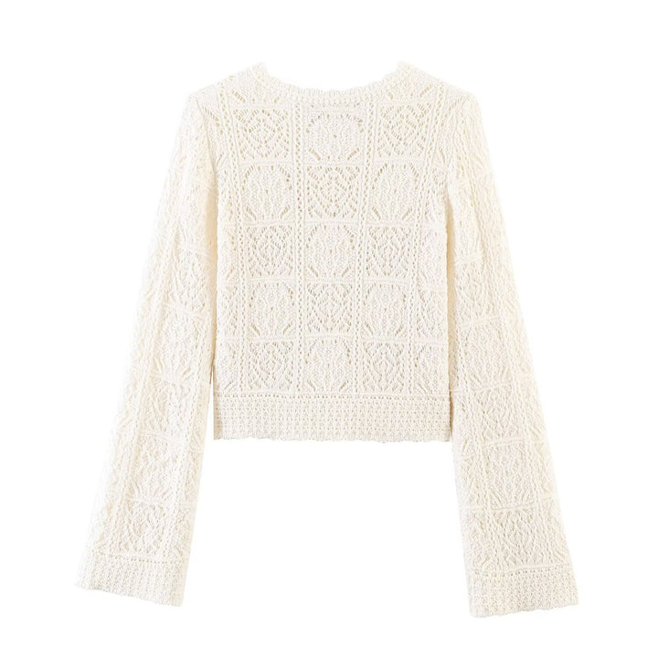 Damen Häkelstrick-Cardigan mit Rundhals, filigranem Lochmuster und Zierknöpfen Echoarchiv