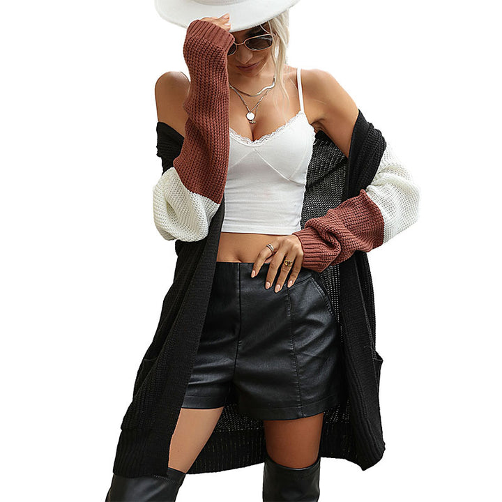 Damen Oversized Strickcardigan mit Farbblockärmeln, aufgesetzten Taschen und offener Front Echoarchiv