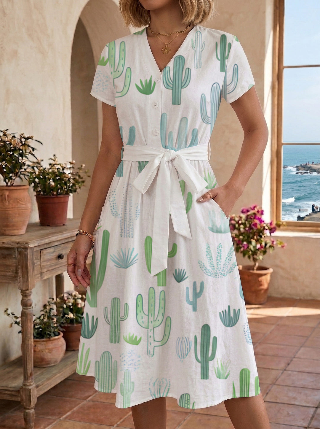 Damen Blühendes Midikleid mit taillierbarem Gürtel und kunstvollem Print Echo Archiv