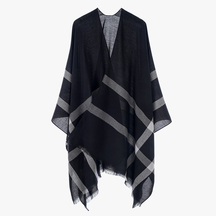 Damen leichter Feinstrick-Cape mit diagonalen Kontraststreifen und Fransen Echo Archiv