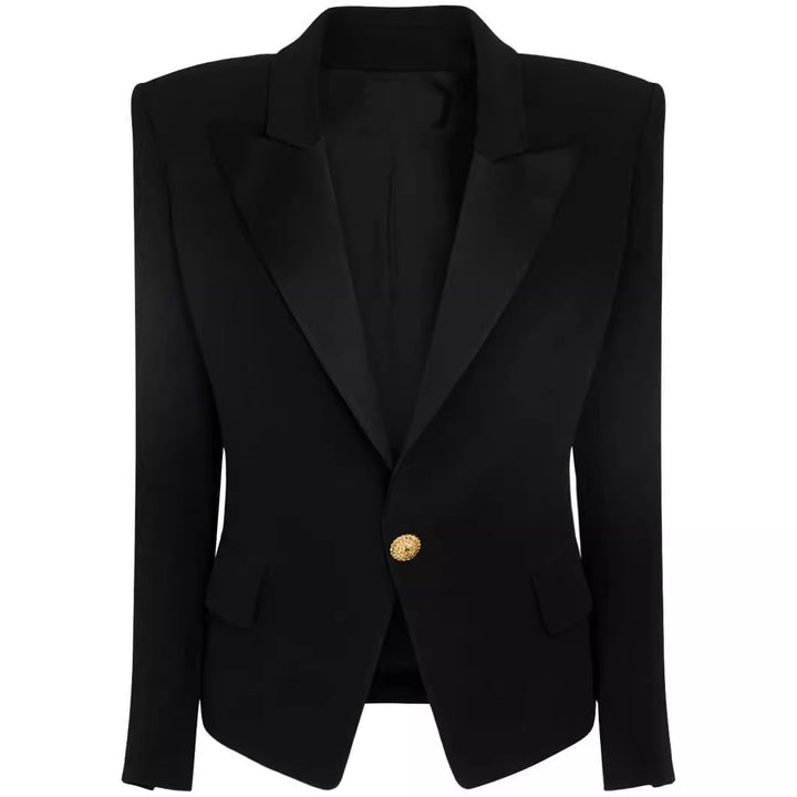 Damen Figurnaher Smokingblazer im Tailoring mit betonter Schulter und goldener Zierknopfleiste Echoarchiv