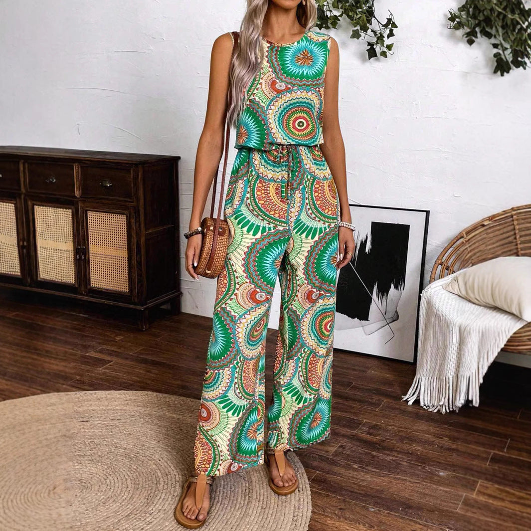 Damen Lässiger Jumpsuit mit Auffälligem Musterdetail und Elastischem Bund Echoarchiv